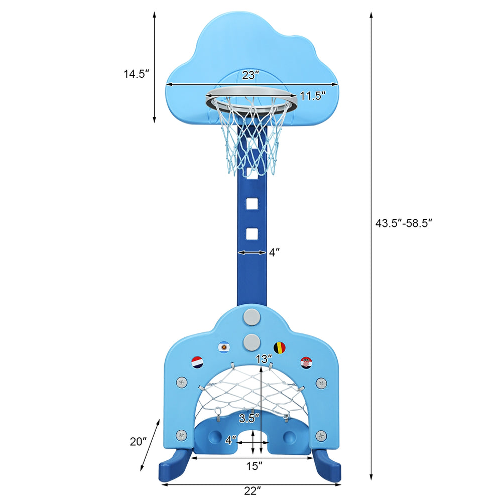 3-in-1 kids basketball hoop set in blue with adjustable height, includes soccer and golf games for indoor and outdoor.