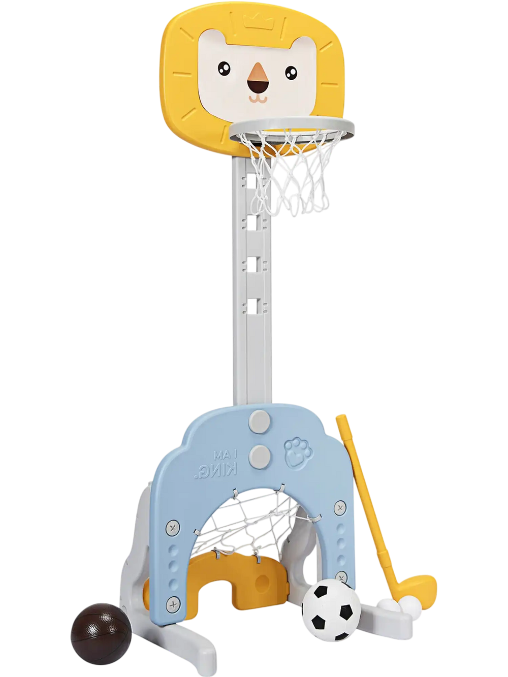 3-in-1 adjustable kids basketball hoop set in yellow, featuring soccer and golf games, suitable for ages 2 to 7.