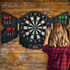 Professional electronic dartboard set with LCD display, featuring a heavy-duty cabinet and 12 soft tip darts for game.