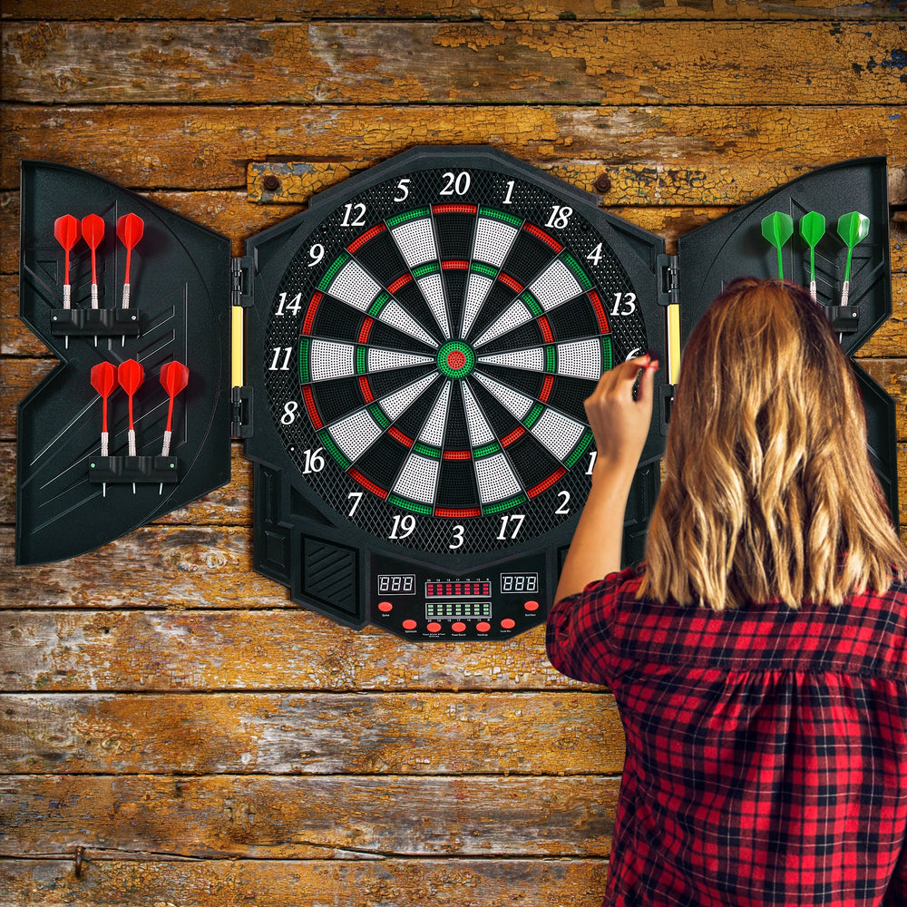 Professional electronic dartboard set with LCD display, featuring a heavy-duty cabinet and 12 soft tip darts for game.