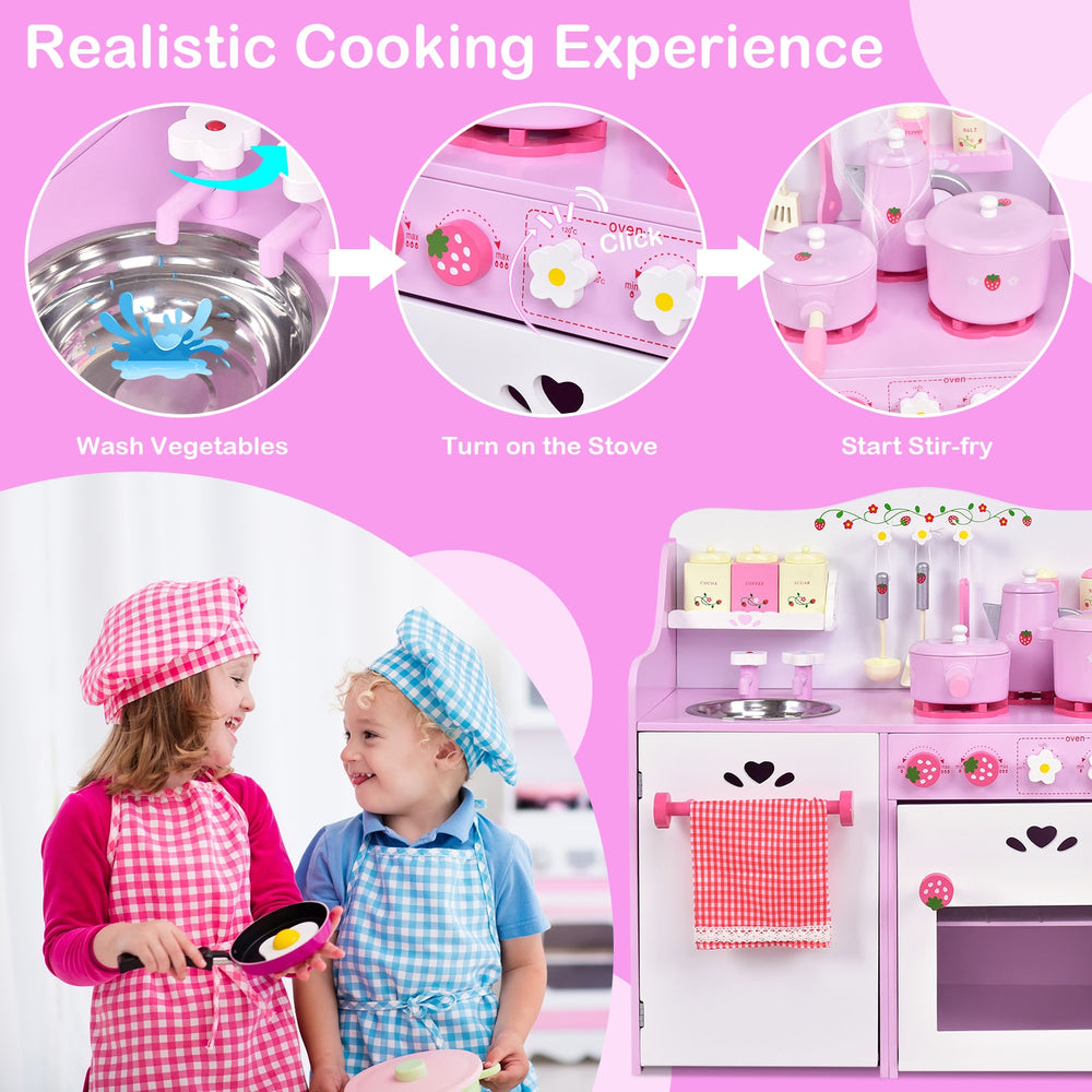 Kids wooden kitchen toy playset with realistic details, working knobs, and cute strawberry pattern for imaginative.