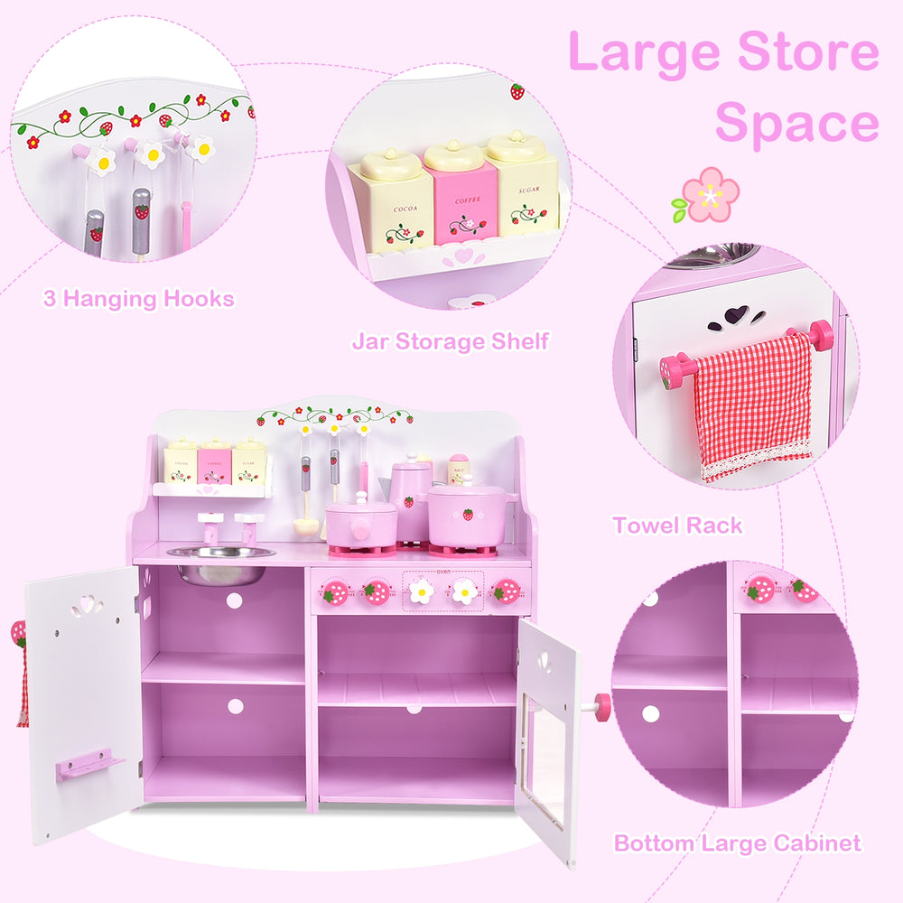 Kids wooden kitchen toy playset with strawberry pattern, featuring large storage space and realistic cooking details.