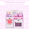 Kids wooden kitchen toy playset in pink with strawberry design, includes 13 accessories for pretend cooking fun.