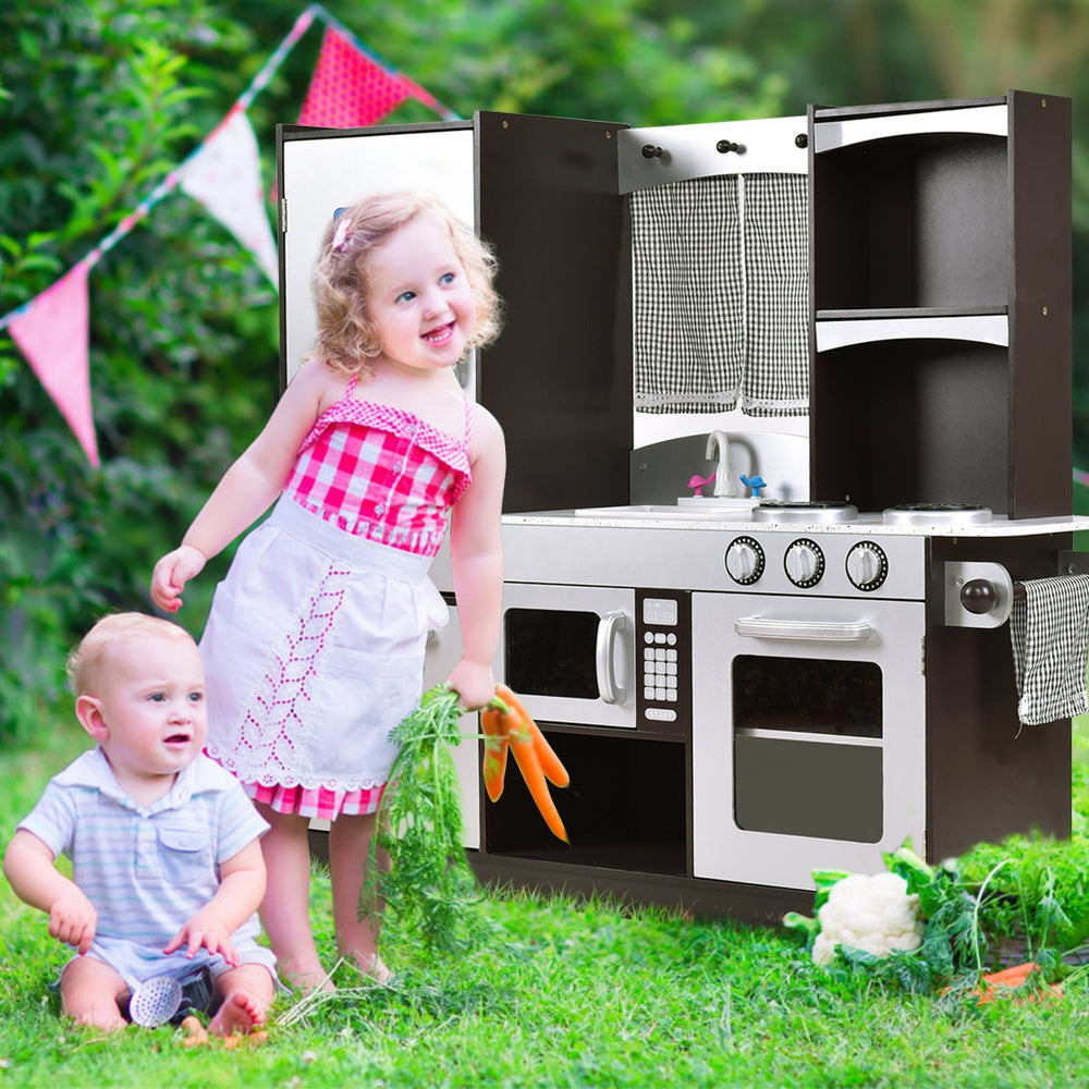 Kids wooden modern kitchen cooking pretend play set with realistic details and working knobs for imaginative play.