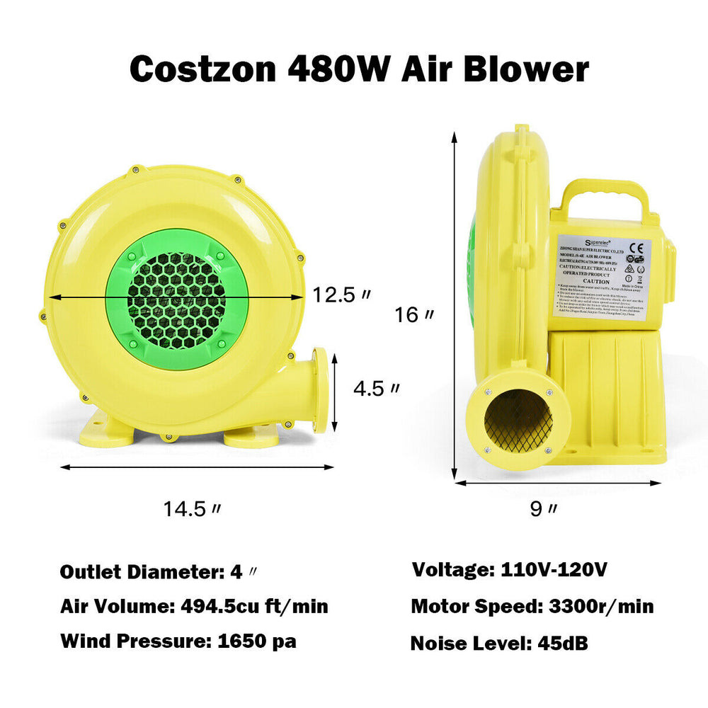 480W air blower pump for inflatable bounce houses, featuring a 4" outlet diameter and 1650 pa wind pressure.