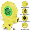 Yellow 480 W air blower pump fan with handle, designed for inflatable bounce houses and outdoor use.