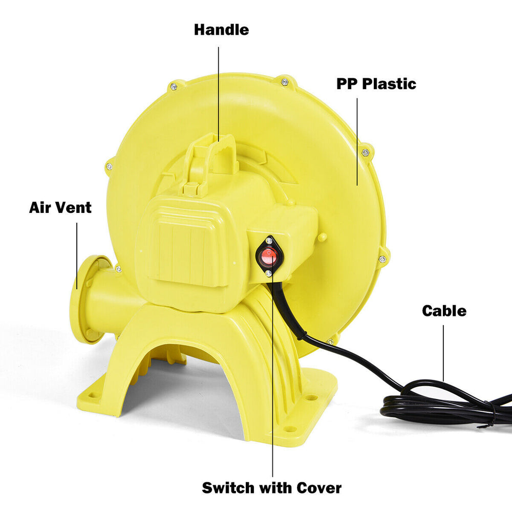 Yellow 480 W air blower pump fan with handle, switch, and air vent, ideal for inflatable bounce houses and outdoor use.