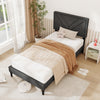 Upholstered twin platform bed with tufted headboard, faux linen fabric, and wooden slats for modern bedroom decor.