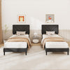 Twin size upholstered platform bed with tufted headboard in black, featuring a soft padded surface and wooden slats.