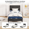 Twin upholstered platform bed with tufted headboard, faux linen fabric, and wooden slats, no box spring needed.