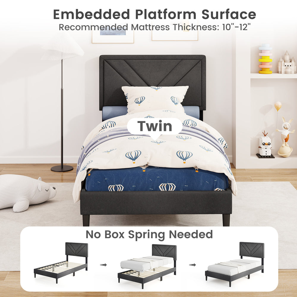 Twin upholstered platform bed with tufted headboard, faux linen fabric, and wooden slats, no box spring needed.