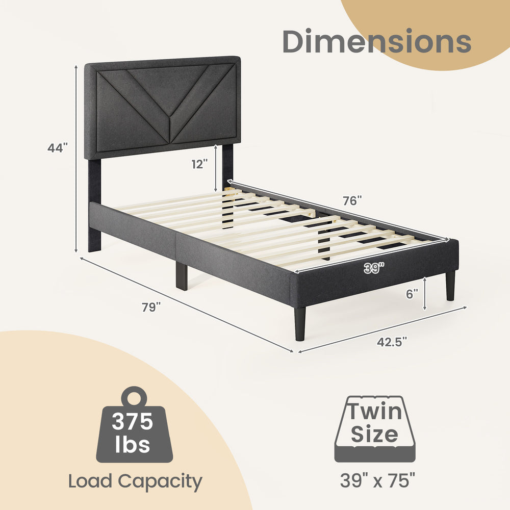 Upholstered twin size platform bed with tufted headboard, wooden slats, and 375 lbs load capacity, featuring a modern.