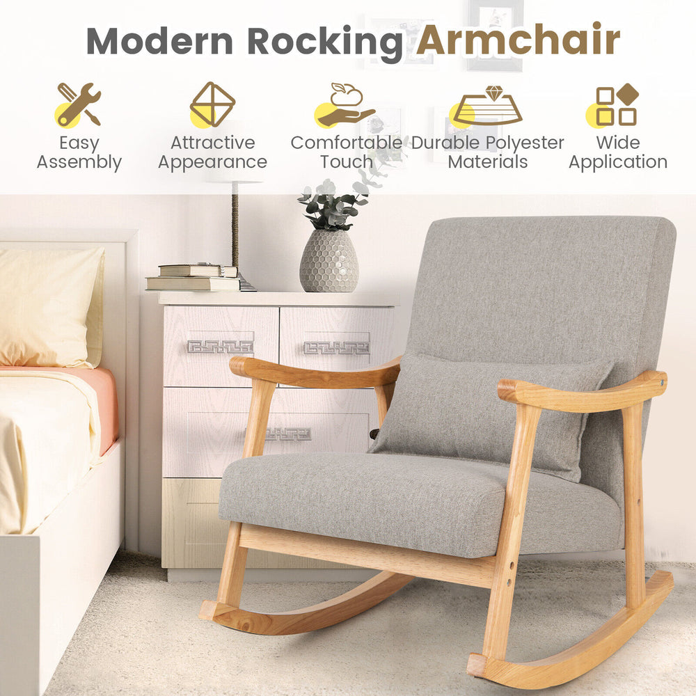 Modern gray upholstered rocking chair with rubber wood frame, ergonomic design, ideal for living room or bedroom.