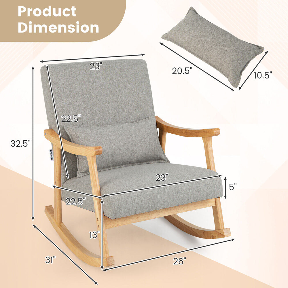 Upholstered rocking chair with gray faux linen fabric, rubber wood frame, and lumbar pillow, ideal for living room.