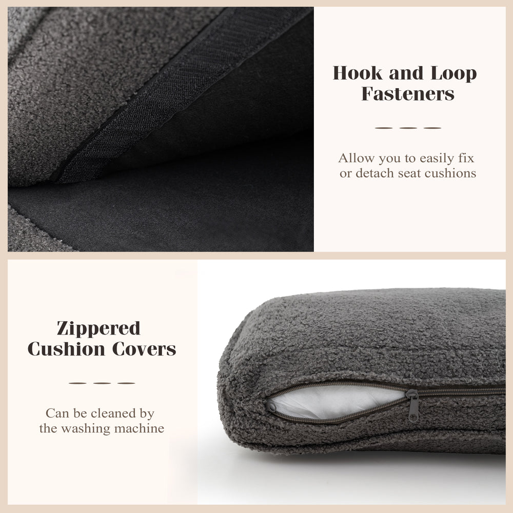 Close-up of the zippered cushion cover and hook and loop fasteners on the gray upholstered teddy velvet sofa.