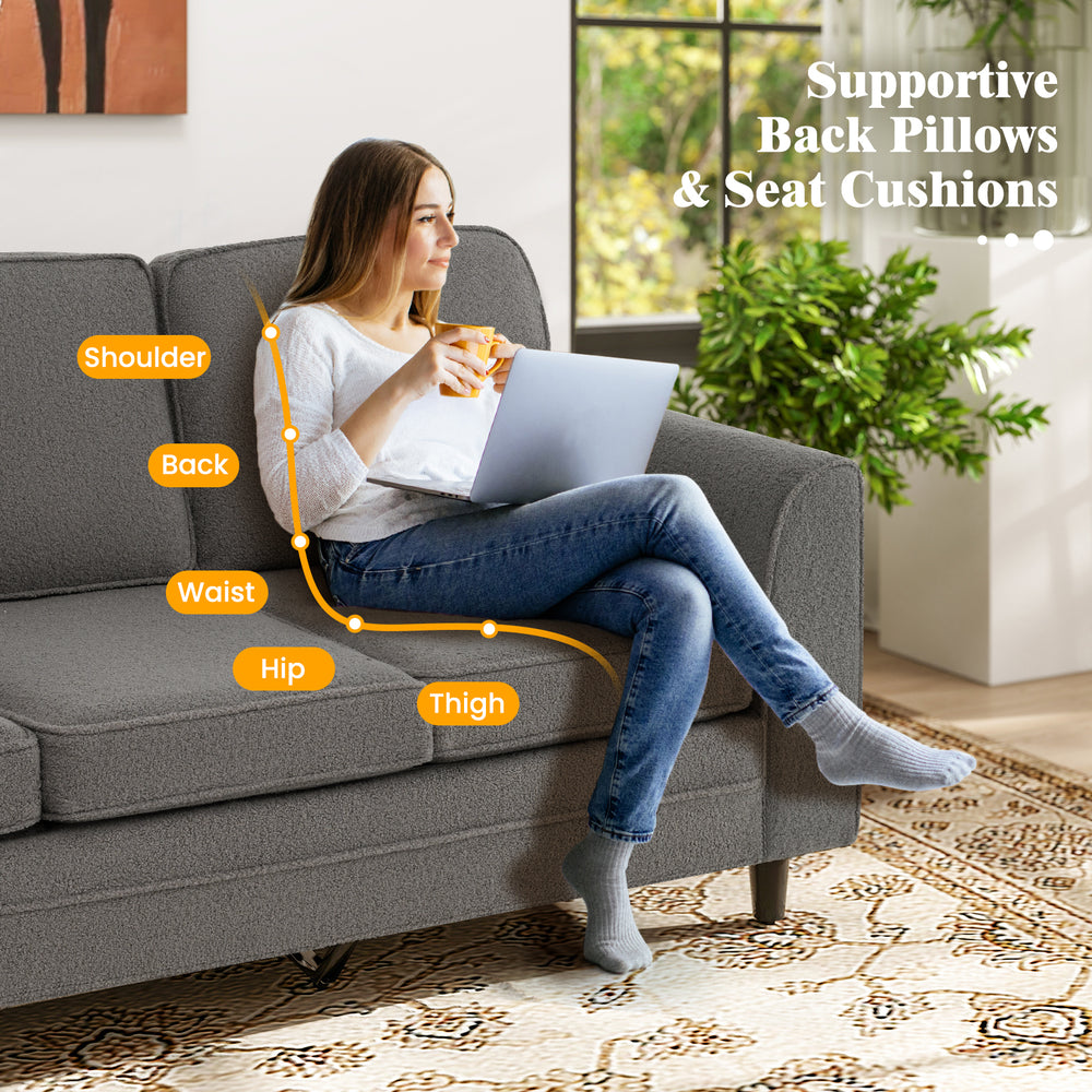 Upholstered Teddy Velvet 3-seat sofa in gray with supportive back pillows and seat cushions, ideal for living rooms.