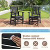 Two black HDPE patio chairs with armrests on a wooden deck, perfect for outdoor dining and relaxation.