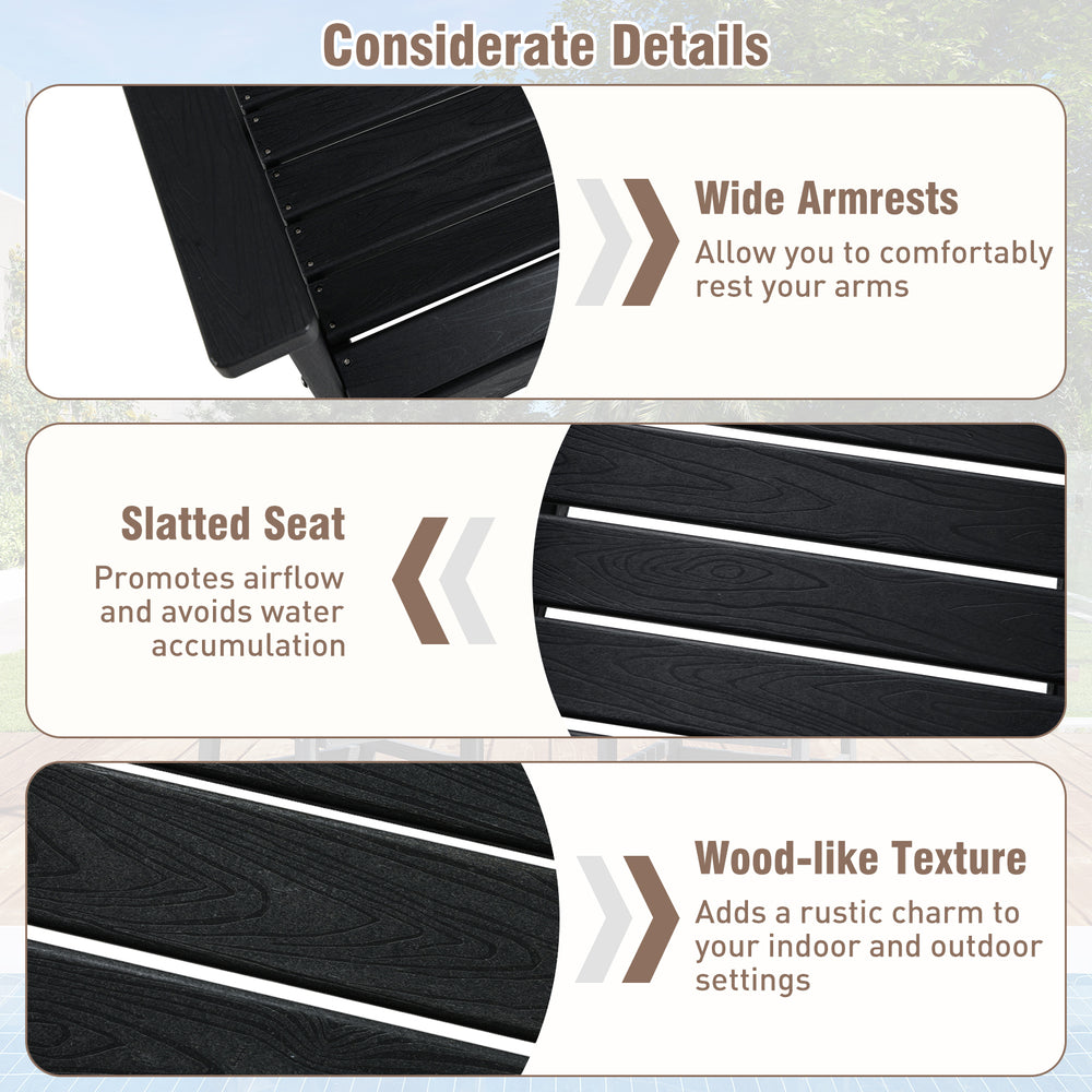 Wide armrests and slatted seat of the black HDPE patio dining set, perfect for outdoor relaxation and dining.