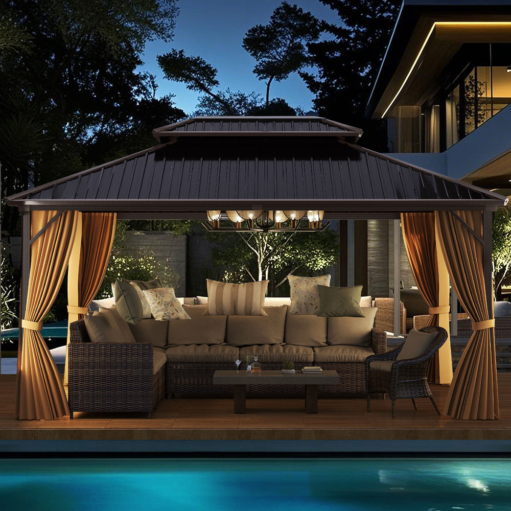 Spacious 16x12FT hardtop gazebo with aluminum frame, curtains, and netting for outdoor relaxation by the pool.