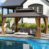Hardtop gazebo with curtains and netting, 16x12FT aluminum frame, perfect for outdoor relaxation by the pool.