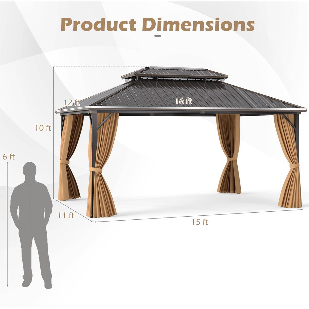 16x12 feet hardtop gazebo with aluminum frame, curtains, and netting, ideal for outdoor gatherings and protection.