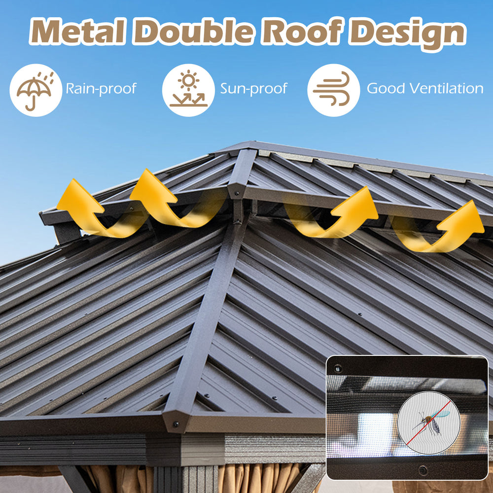 Double metal roof design of a 16x12FT hardtop gazebo, offering rain-proof, sun-proof, and good ventilation features.