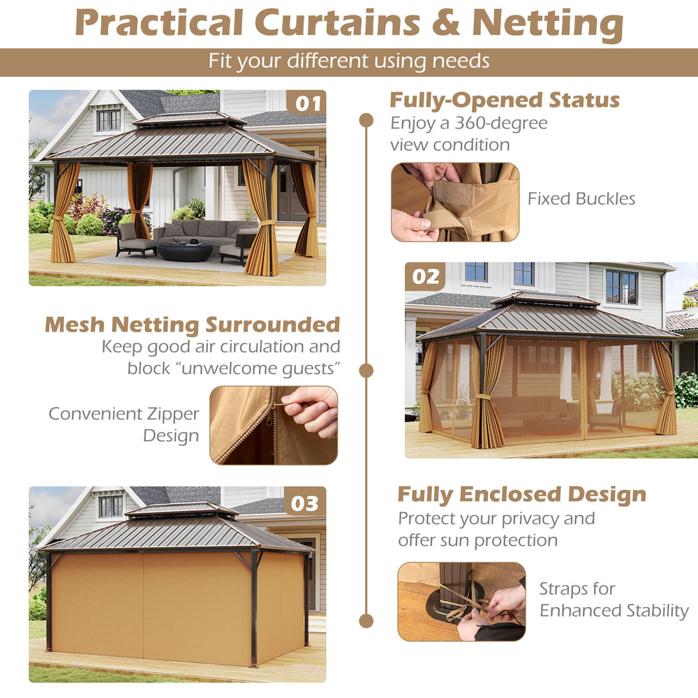 Coffee hardtop gazebo with curtains and mesh netting, 16x12FT, featuring a durable aluminum frame for outdoor use.