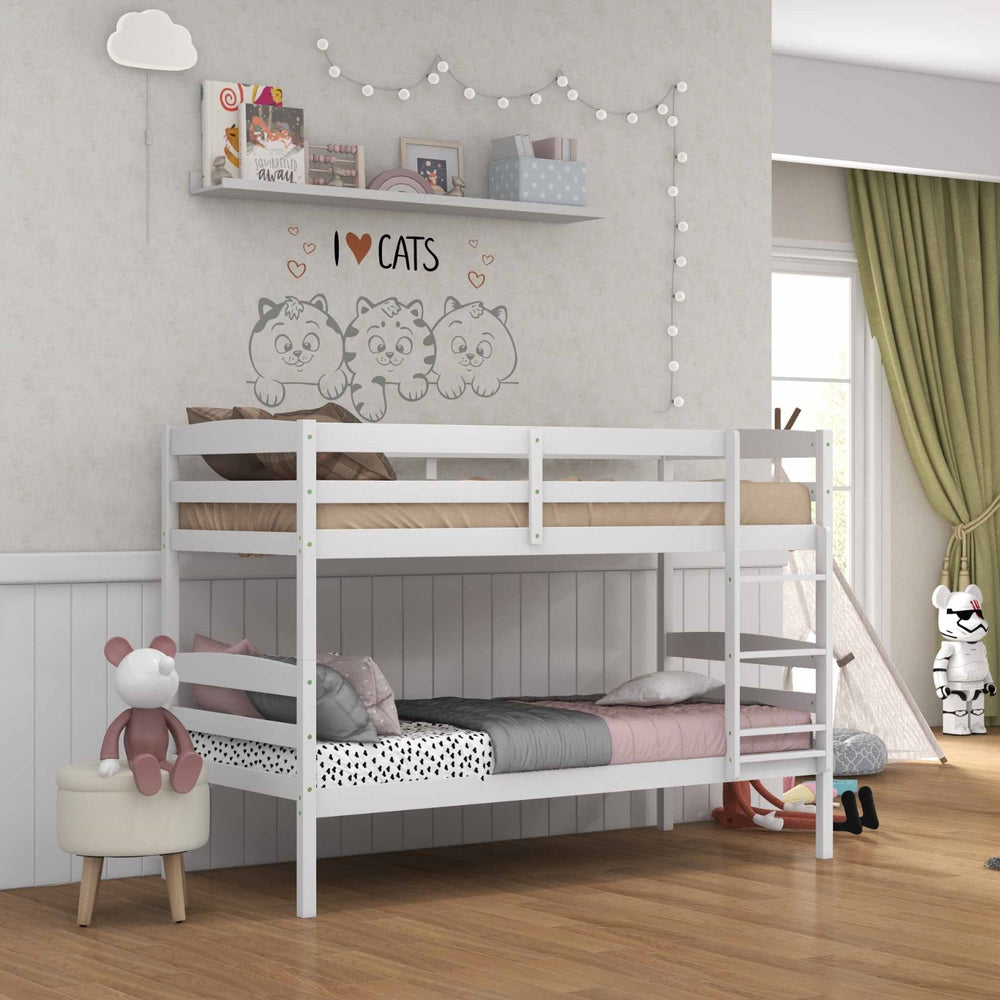 Bunk bed with solid wood frame, under-bed clearance, and modern design in a kid's room setting with playful decor.