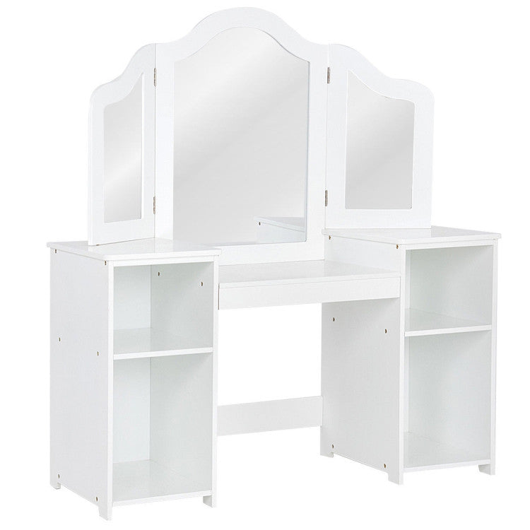 Kids vanity dressing table with tri-fold mirror and storage shelves, perfect for children's rooms and play areas.