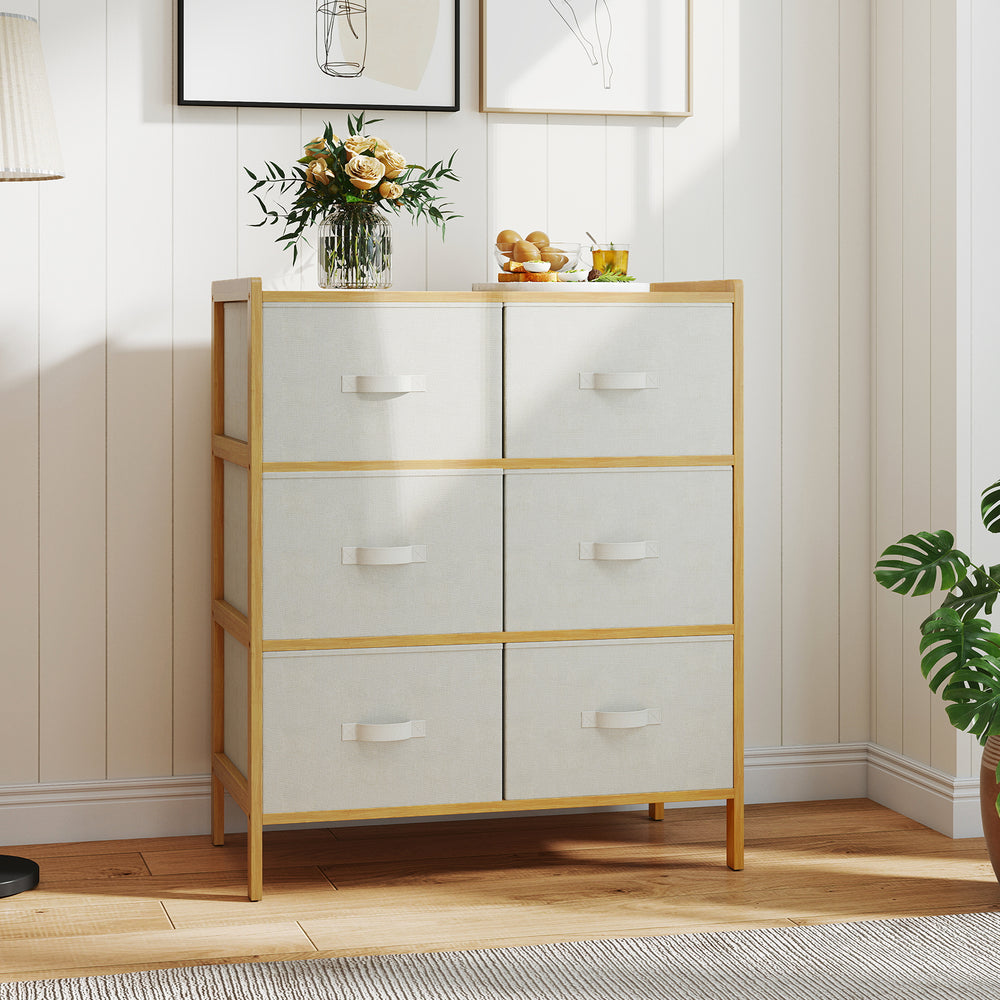 Fabric dresser with 6 drawers in natural bamboo, featuring folding bins, perfect for bedroom or living room storage.