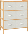 Natural bamboo fabric dresser with 6 drawers and folding bins, perfect for bedroom or living room storage.