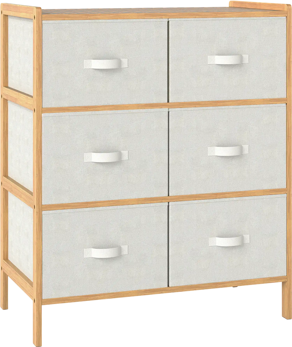 Natural bamboo fabric dresser with 6 drawers and folding bins, perfect for bedroom or living room storage.