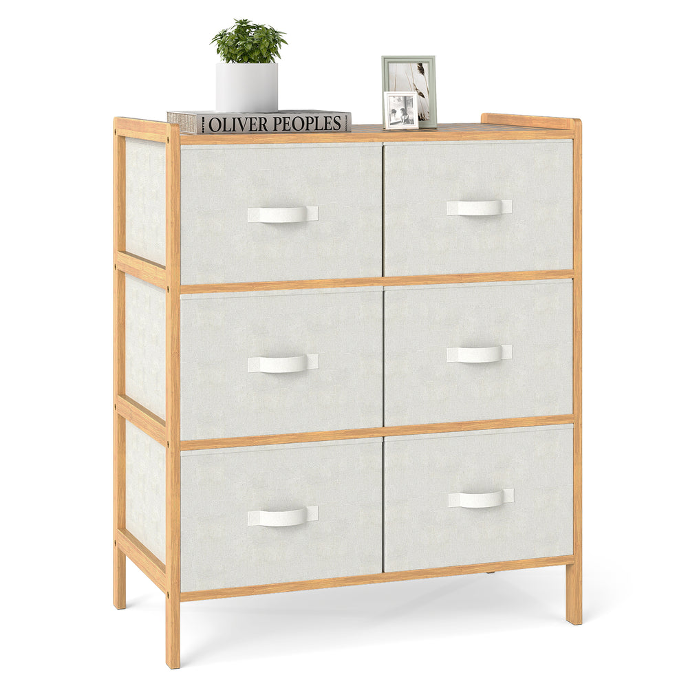 Natural bamboo fabric dresser with 6 drawers and folding bins, ideal for bedroom or living room storage.
