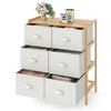 Fabric dresser with 6 drawers and slatted bamboo top, perfect for bedroom or living room storage.