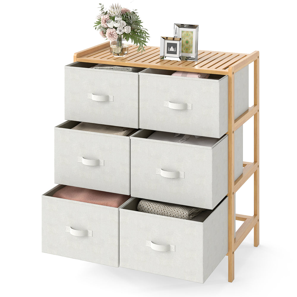 Fabric dresser with 6 drawers and slatted bamboo top, perfect for bedroom or living room storage.