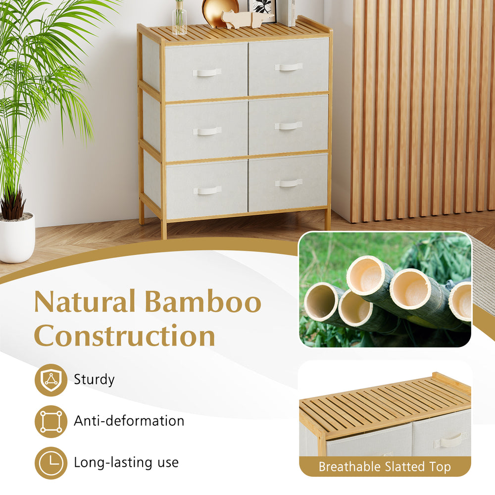 Natural bamboo dresser with 6 fabric drawers and slatted top, perfect for bedroom storage and stylish decor.