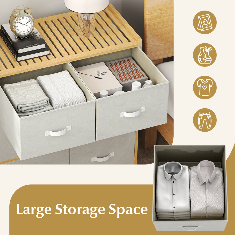 Fabric dresser with 6 drawers and folding bins, made from natural bamboo, providing ample storage for bedroom.