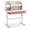 Kids study desk with adjustable height, pink accents, and hutch for storage, perfect for a child's room.