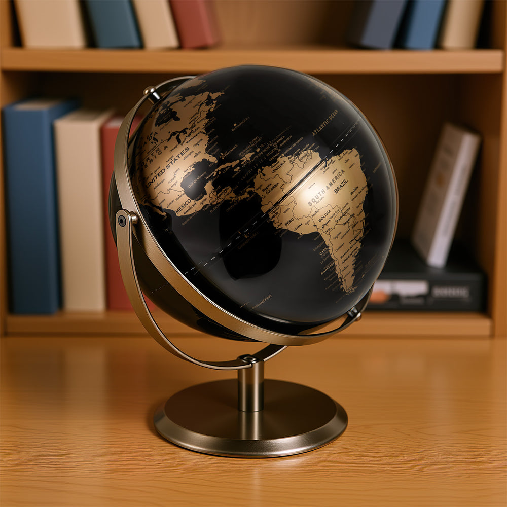9-inch metallic black world globe with golden details on a sturdy metal stand, ideal for education and decoration.
