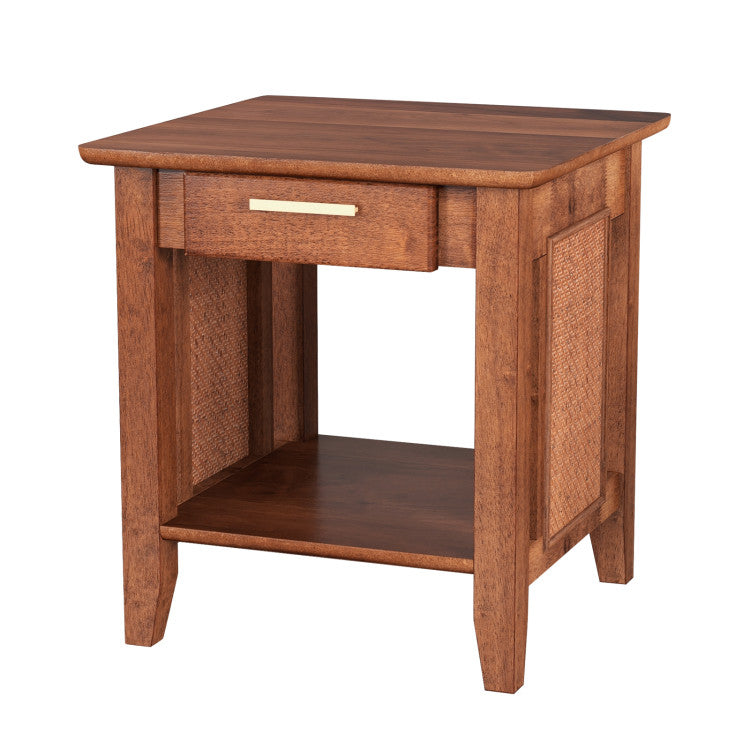 Rattan nightstand end table with solid wood frame, drawer, and open shelf for practical storage in any home setting.