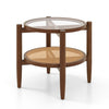 Round coffee table with tempered glass top and PE rattan shelf, perfect for modern living room decor.