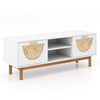 Modern TV stand with woven rattan doors, designed for TVs up to 55 inches, featuring shelves and drawers for storage.