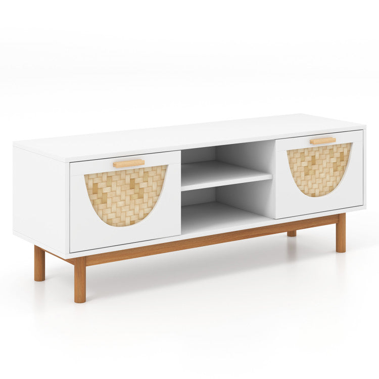 Modern TV stand with woven rattan doors, designed for TVs up to 55 inches, featuring shelves and drawers for storage.