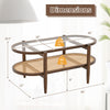 Dimensions of the two-tier coffee table featuring a glass top and rattan shelf, perfect for modern living rooms.