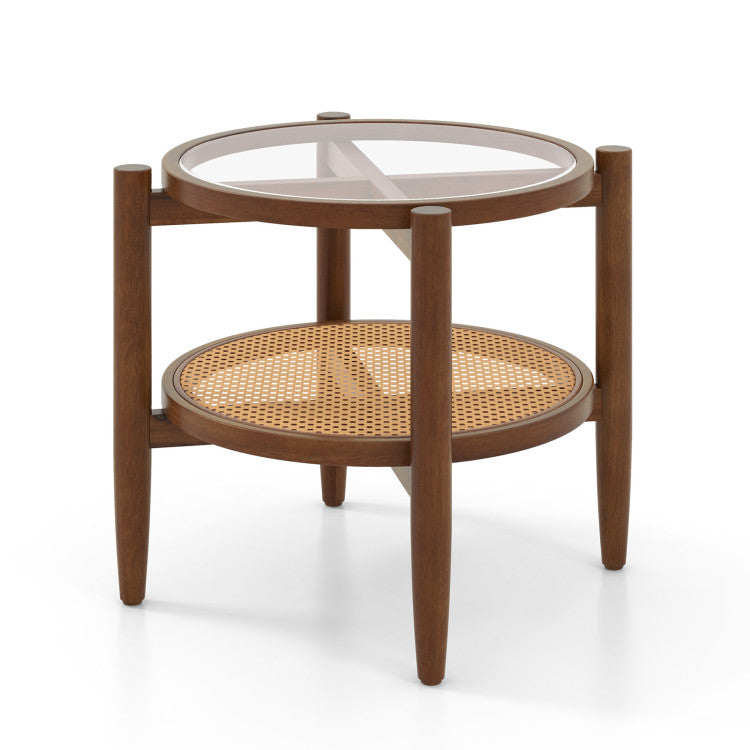 Round rattan side table with glass top and wooden frame, perfect for modern living room decor and functionality.