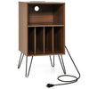 Record player stand with USB ports and vintage design, featuring sturdy wood construction for modern home office use.