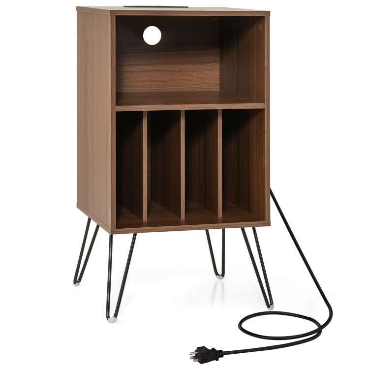 Record player stand with USB ports and vintage design, featuring sturdy wood construction for modern home office use.