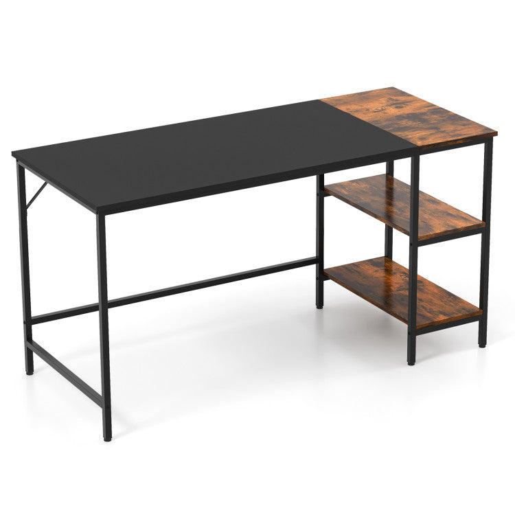 Industrial-style writing desk with black top and rustic wood shelves, perfect for home office or bedroom storage.
