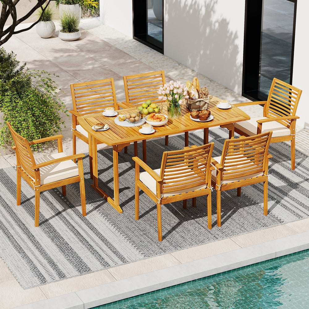 Acacia wood 7-piece patio dining set with umbrella hole, featuring ergonomic chairs and soft cushions for outdoor.