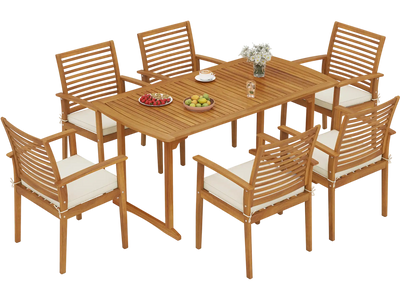 Costway 7-Piece Acacia Wood Patio Dining Set w/ Umbrella Hole 56942348 New
